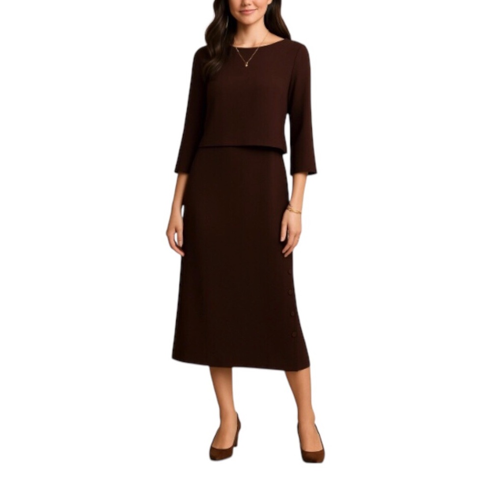 Spenser Jeremy Elegant Chocolate Brown Midi Formal Dress w/Side Buttons Size 12
